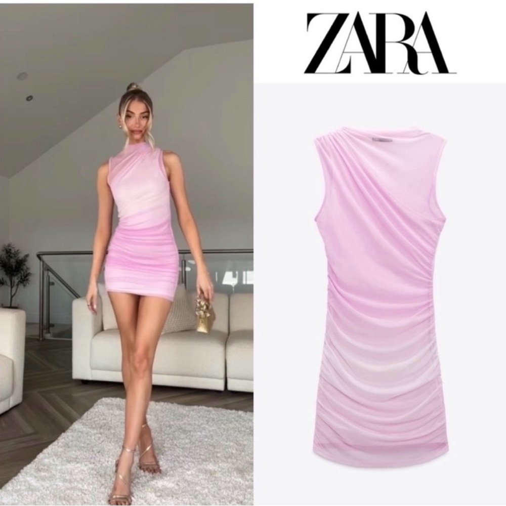 Zara Light Pink Ruched Tulle Mini Dress XS